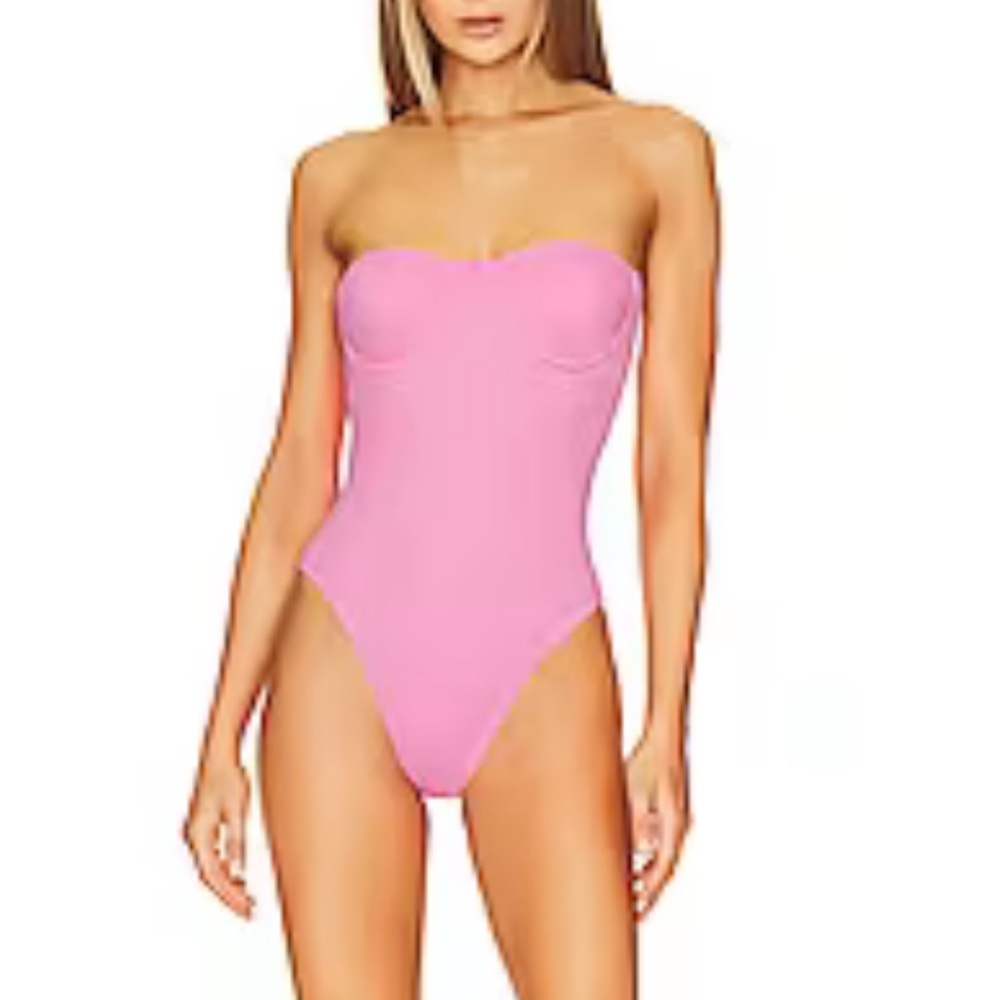 New Acacia Swimwear Brady Strapless Full Piece Dual Ribbed Swimsuit Pink Small